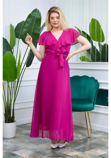 Neşeli Butik Kadın Mürdüm Kruvaze Yaka Bağlama Detaylı Uzun Şifon Elbise Nb0001 Mürdüm