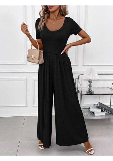 Soonaksesuar Kadın Kısa Kollu Yuvarlak Yaka Geniş Paçalı Bürümcük Tulum Siyah