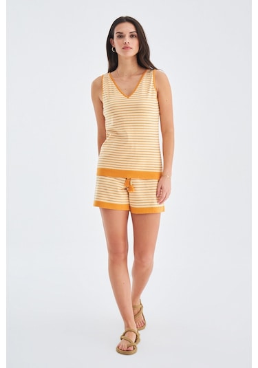 Peraluna Paru Top & Shorts Pamuklu Yazlık Kadın Triko Şort Takım Bej-Turuncu Bej - Turuncu