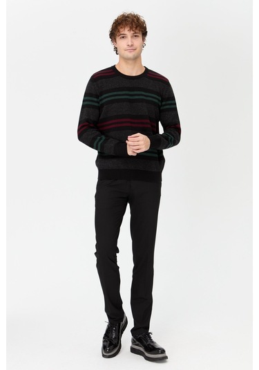 Erkek Sıfır Yaka Renkli Çizgili Klasik Yün Kazak Siyah Siyah