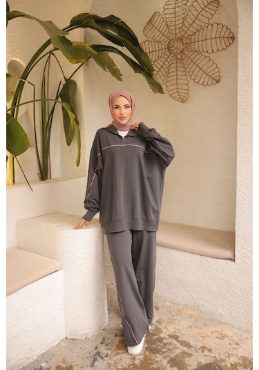 Tesettür Eşofman Takımı Ikili Takım Fermuarlı Yaka M-483 Antrasit