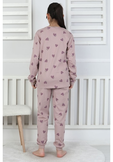 Lavanta Renkli Kalp Desenli Kız Çocuk Pijama Takımı Mor