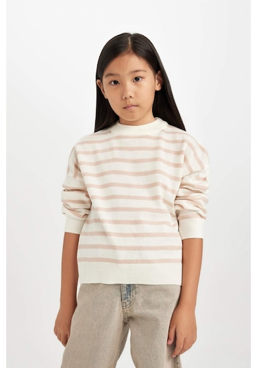 DeFacto Kız Çocuk Bisiklet Yaka Çizgili Triko Kazak D6759A8NSPN26 Pembe