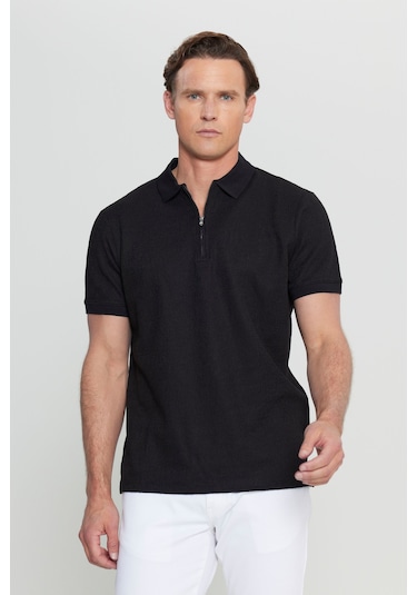 Erkek Sıyah Pamuklu Slim Fit Dar Kesim Fermuarlı Yaka Jakarlı Esnek Tişört Siyah