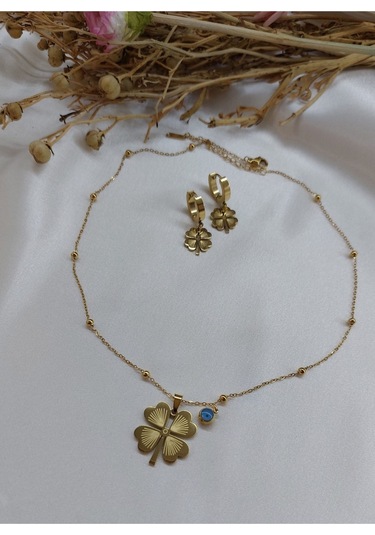 1. Kalite Çelik Yonca Figürlü Nazar Boncuklu Kolye Küpe Seti