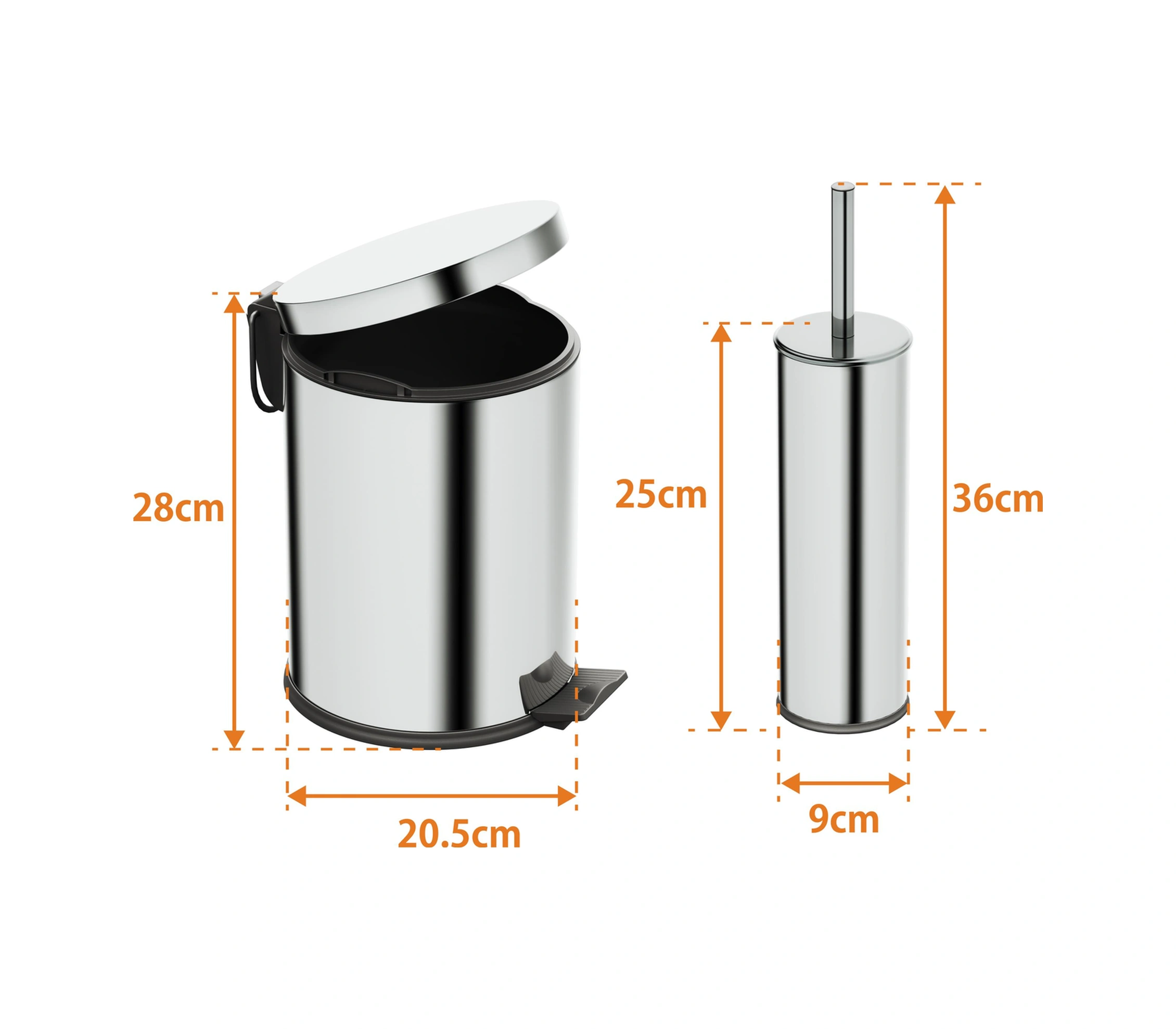Aqua Bagno Basic Set - Klozet Fırçası + Çöp Kovası 5 L, 2 Parça, Parlak Krom Paslanmaz Krom