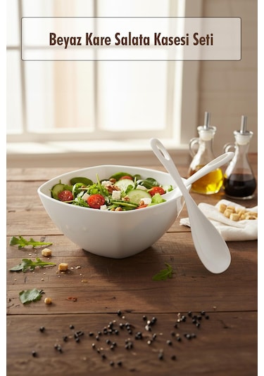 3,5 Lt Beyaz Akrilik Kare Salata Ve Servis Kasesi Seti 3 Parça Beyaz