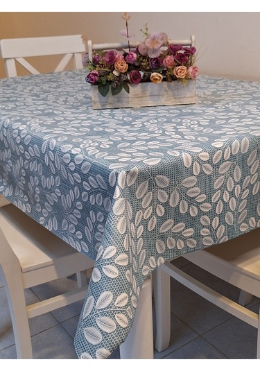 Elyaflı Pvc Muşamba - Desenli Silinebilir Masa Örtüsü Krem Fnt1248 Mavi