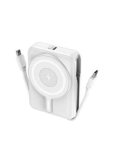 10000 Mah Kablosuz Powerbank Dijital Led Ekranlı, Type-c & Lightning Kabloları, Güçlü 15w Hızlı Şarj BEYAZ