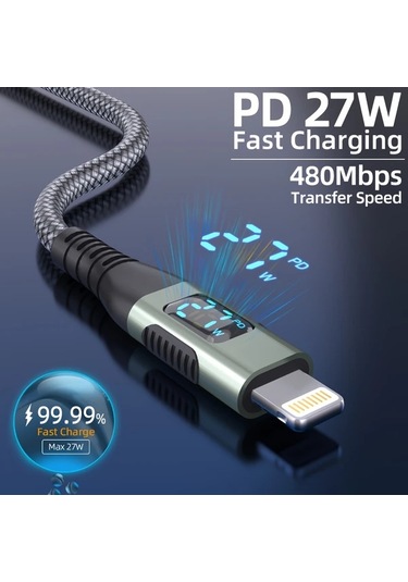 Honeybeeshop 3 Adet Yeşil Aıcase İphone Şarj Kablosu İçin Led Ekran 3 Metre 10 Fit Uzun Örgülü Kablo İphone 14 13 12 11 X Xs Xr Xs Max Uyumlu