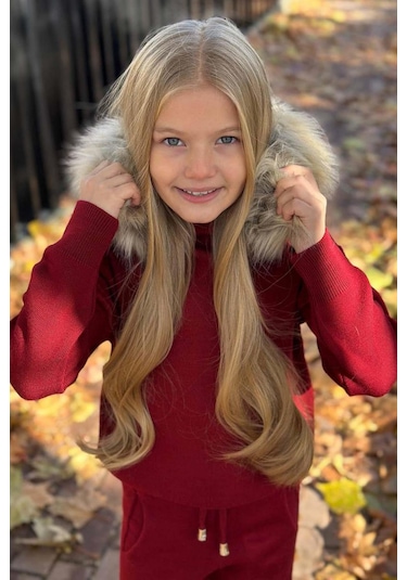 Riccotarz Kız Çocuk Yakası Çıkarılabilir Kürklü Kazak Çift Cepli Triko Bordo Alt Üst Takım Bordo