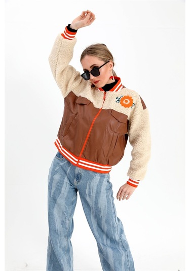 Beli Lastikli Nakışlı Derili Peluş Ceket Mont - Taba-taba Taba