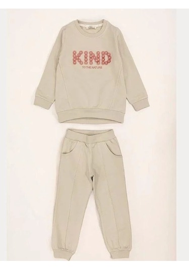 Kız Çocuk Kind İşlemeli Eşofman Takım-14389 Bej