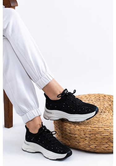 Guja İthal Özel Seri Taşlı Triko Kadın Spor Ayakkabı 24y309-1 Siyah-siyah Siyah
