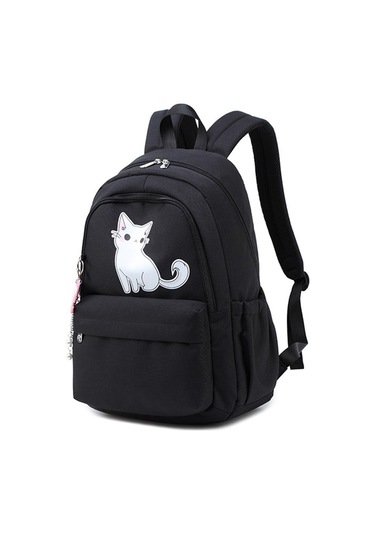 Kedi Baskı Kadın Okul Genç için Rahat Sevimli Su Geçirmez Sırt Çantası Siyah
