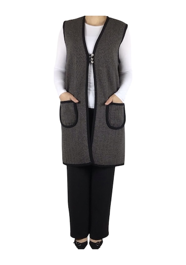 Kadın Desenli Üç Düğmeli Kalın Kışlık Yelek Vizon