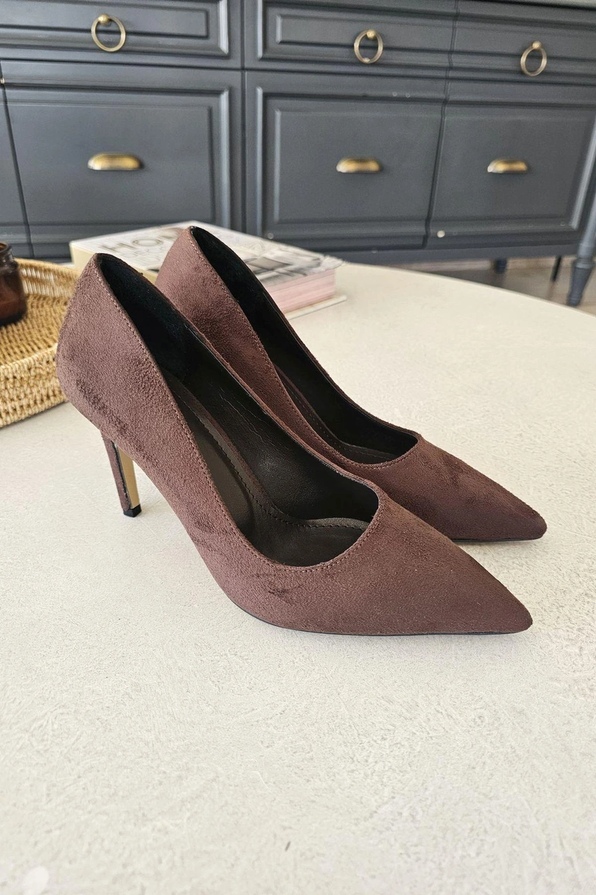 10 1814 Topukla Kadın İnce Topuklu Stiletto Ayakkabı Kahve Süet