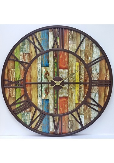 Otantik Ferforje Metal Ahşap Eskitme Duvar Saati 76Cm Ahşap