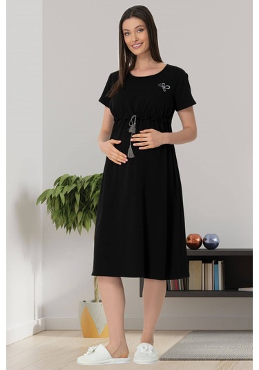 Mecit Pijama Mecit 5427 Siyah Emzirme Özellikli Hamile Lohusa Elbise