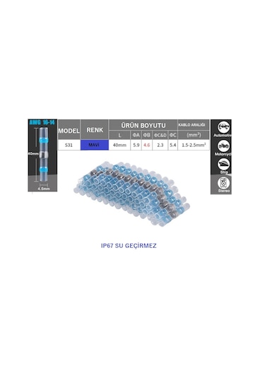 Mavi Lehimli Daralan Makaron Su Geçirmez Kablo Birleştirici 10ad