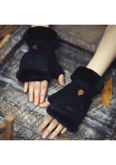 Süet İçi Kadife Sıcak Tutan Yarım Parmak Şık Kadın Eldiven Siyah
