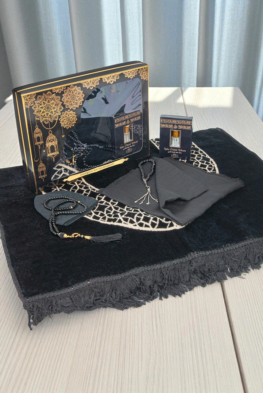 10 Adet İsme Özel Kutulu Mevlüt Hediyelik Seti Kadife Seccade,tesbih,esans,takke,örtü Çeyizlik Set Siyah