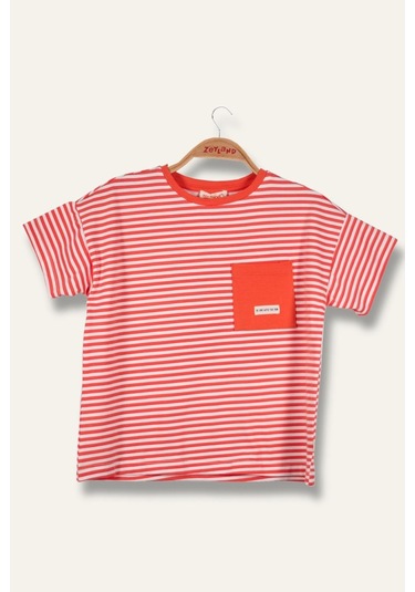 Erkek Çocuk Çizgili Çepli T-shirt - Coral Çizgili Turuncu