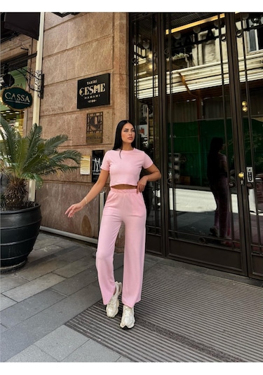 WeShaya Pembe Modal Keten Dokulu Bisiklet Yaka Takım Pembe