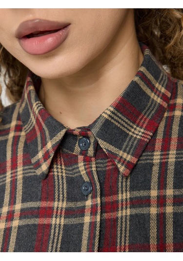 Uzun, Oversize Kareli Gömlek 377355034 Sivri Mor Melanj