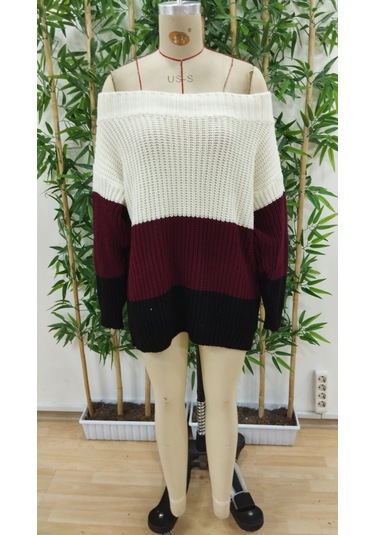 Kadın Uzun Kollu Madonna Yaka Çizgi Desenli Salaş Triko Antrasit Melanj