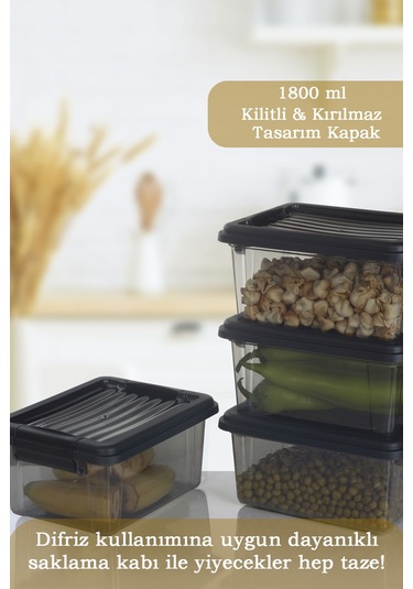 4'lü Set 1800 Ml Kilit Kapaklı Erzak Saklama Kabı Difriz Buzdolabı Düzenleyici Saklama Kutusu Siyah Siyah
