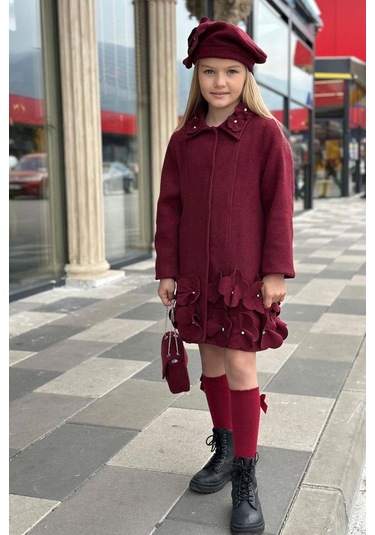 Riccotarz Kız Çocuk Yakası Taş Ve Yonca Detaylı Çıtçıt Düğmeli Bordo Kaşe Bordo