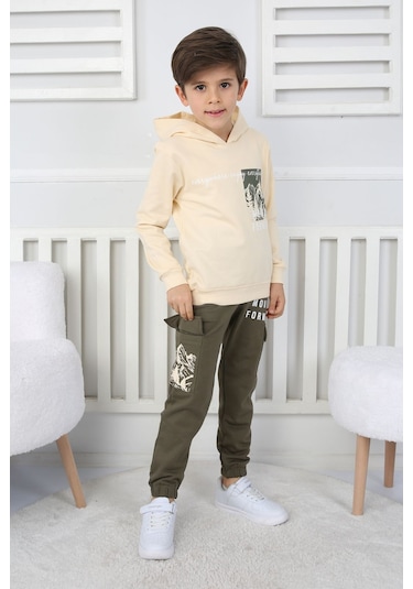 Moving Forward Kargo Cep Kapüşonlu 2 İplik Şardonlu Alt-üst Erkek Çocuk Eşofman Takımı Ekru