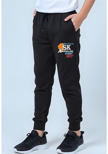 Sk Baskılı Erkek Çocuk Beli Lastik Detaylı Bağlamalı Eşofman Altı Siyah