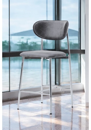 Hanev Serisi 1 Adet 75 Cm Krem Ada Mutfak Bar Sandalyesi Gold Kaplama Metal Ayak Gri Sandalye - Krom Ayak Gri