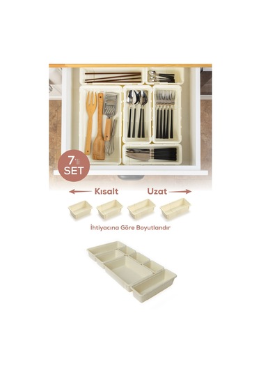 7'li Set Ayarlanabilir Çekmece Içi Düzenleyici Kutu Uzayıp Kısalabilen Organizer Seti 3a2b1c1d Krem