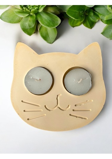 Sarı Kedi Şekilli Beton Mumluk - El Yapımı Dekoratif Çay Işığı Tealight Mumluk - Minimalist Kedi Tem Sarı