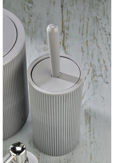 Line 5 Parça Yuvarlak Banyo Seti - Çöp Kovası Wc Fırçası Sıvı-katı Sabunluk Diş Fırças Gri