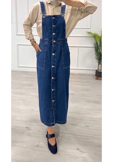 Biçomi Etekli Salopet Enzim Süper Taş Yıkama Koyu Mavi D2521