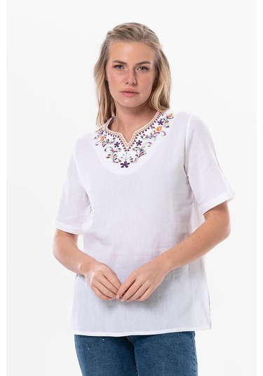 Kısa Kol Şile Bezi Gökkuşağı Nakış Detaylı Yazlık Bluz Beyaz Byz-beyaz Beyaz