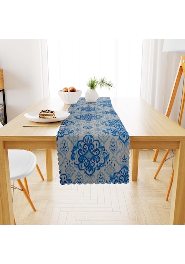 Damask Desenli Mavi Beyaz Dijital Baskılı Süet Dokuma Runner 40x140