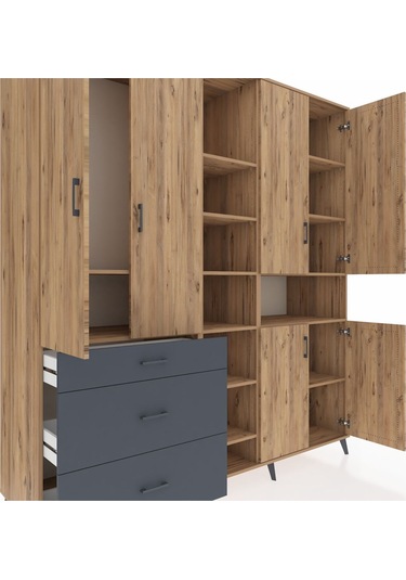 Kronos Dolap 13 Raflı 3 Çekmeceli 6 Kapaklı 220x59x243 Çam-çam/antrasit Atlas Çam/antrasıt