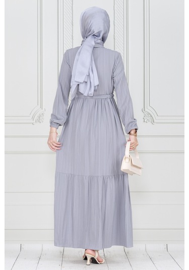 Gömlek Yaka Beli Tünelli Sare Elbise-gri-4014-gri Gri