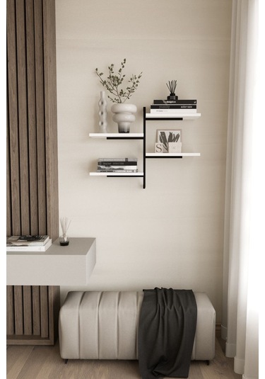 Aju 4 Katlı Duvar Rafı Metal Çerçeveli Dekoratif Kitaplık Ve Raf Ünitesi Modern Ve Minimalist Tasarıım Siyah