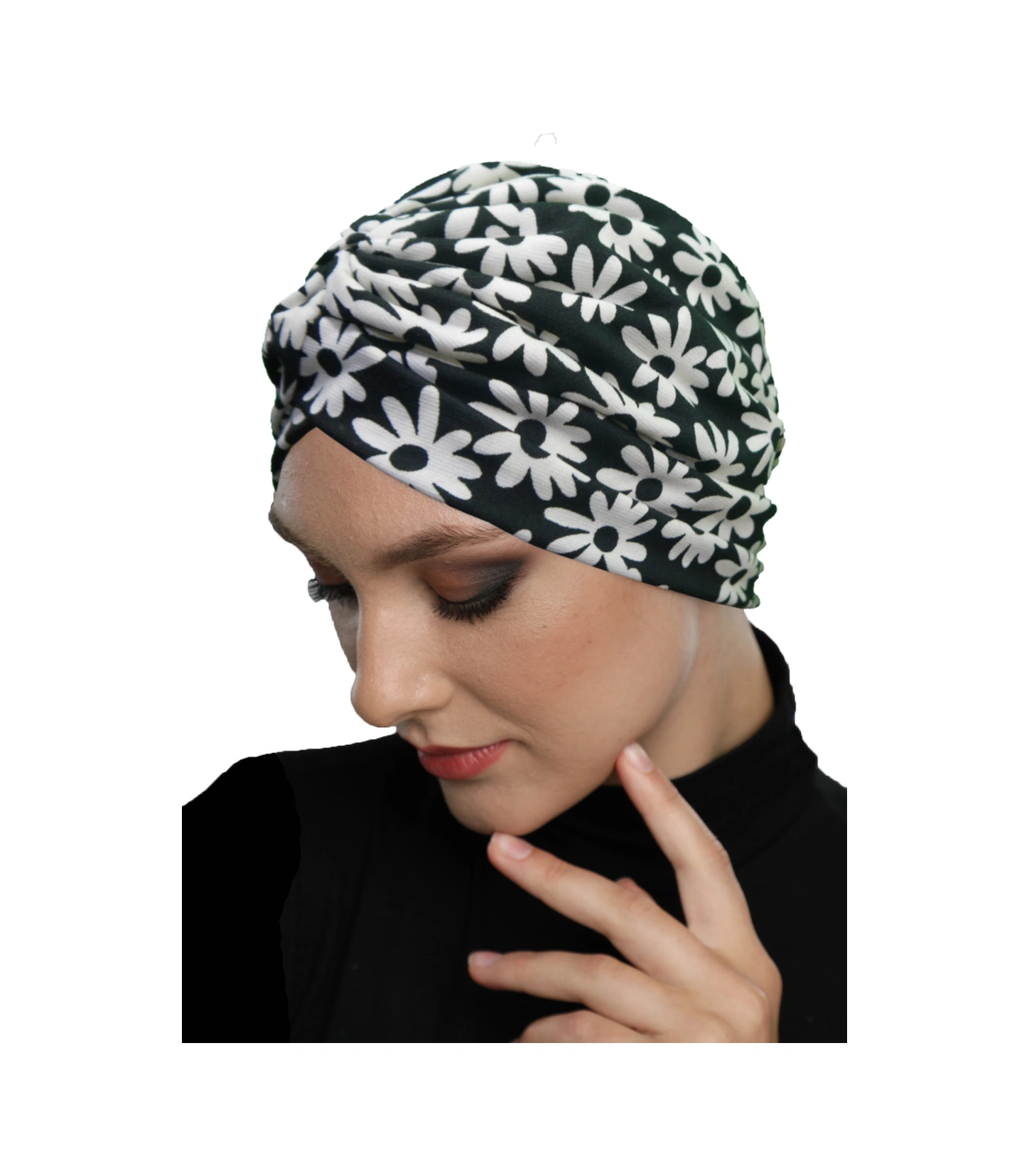 Gece Çiçeği Desenli Çapraz Ve Bant Detaylı Astarlı Hazır Türban Tesettür Havuz Bonesi Siyah-beyaz