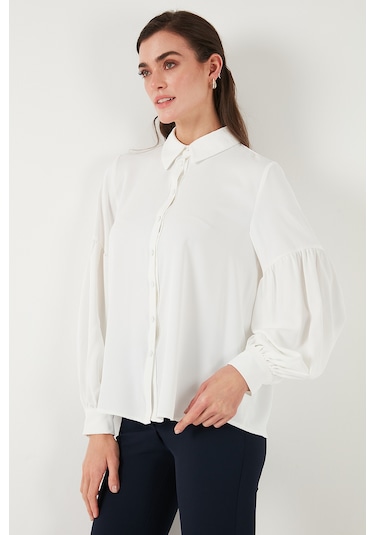 Lela Regular Fit Dikiş Detaylı Düz Yaka Balon Kol Bayan Gömlek 611Go00003 Ekru