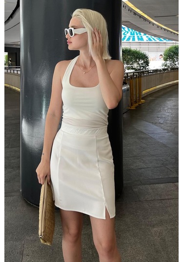 Madmext Beyaz Yüksek Bel Önden Yırtmaçlı Kısa Etek Mg2086 Beyaz