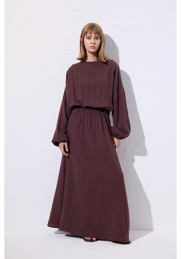 Müslin Beli Büzgülü Elbise Mürdüm Mürdüm