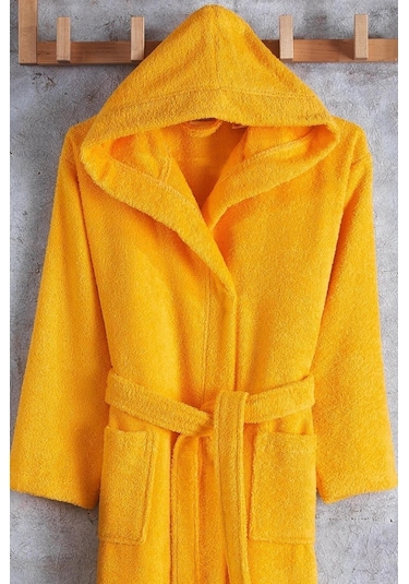 Zeynep Tekstil Pamuklu Kapşonlu Genç Bornoz Unisex Garson Boy Bornoz Sarı 11-12 Yaş Sarı