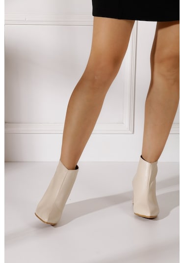 Günlük Kadın Kısa Bot Kalın Topuklu Fermuarlı Sivri Burunlu Tırtıklı Taban Kürklü Astarlı Bootie 211 Mahmut Özer Cilt- Bej